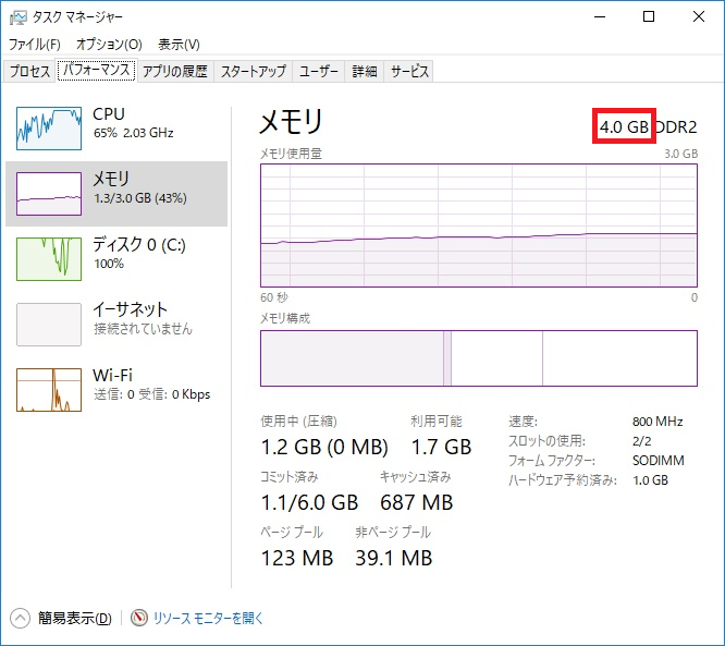 タスクマネージャーのパフォーマンスでメモリ量の確認